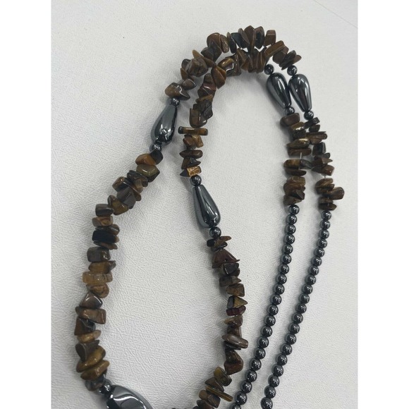 Vintage Opera Polished Stone Beaded Necklace Semi Precious Stones Single Strand - Picture 6 of 11